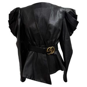 Gucci V-Neck Belted Leg-of-Mutton Sleeve Jacket in Black Leather